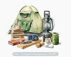 there is a drawing of a tent and other items