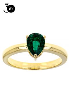 0.88ct Pear Lab Created Emerald 18K Yellow Gold Over Sterling Silver May Birthstone Ring. Measures Approximately 0.25"L x 0.34"W. Not Sizeable. Finished Undergallery. May Birthstone Rings, Lab Created Emerald, May Birthstone, Birthstone Ring, Birthstone, Pear, 18k Gold, Emerald, Lab