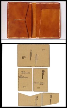 three different views of the inside of a brown leather case with four pieces of paper attached to it