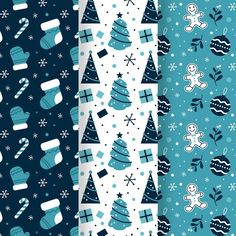 four different christmas patterns with blue and white snowflakes, trees, and gingerbreads