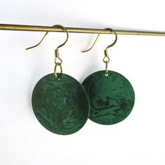 Marbled Green Bakelite Earrings - Pierced and Dangling w/ Solid Brass Hardware, Small Size w/ Nice T Everyday Green Circular Earrings, Vintage Green Patina Earrings, Green Round Pendant Earrings For Gift, Vintage Green Jewelry For Everyday, Green Hypoallergenic Brass Earrings, Hypoallergenic Green Brass Earrings, Green Adjustable Vintage Earrings, Everyday Green Brass Earrings, Green Vintage Earrings