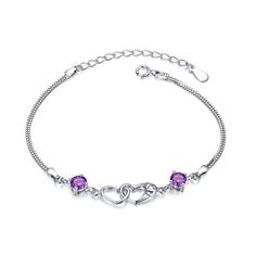 Double Love Heart Bracelet Elegant Double Heart Promise Jewelry, Elegant Double Heart Jewelry For Promise, Elegant Heart-shaped Bracelet With Chain, Purple Cubic Zirconia Jewelry For Valentine's Day, Elegant Open Heart Chain Jewelry, Double Heart Chain Jewelry, Purple Heart Cut Cubic Zirconia Jewelry, Purple Double Heart Charm Jewelry, Purple Double Heart Jewelry With Heart Charm