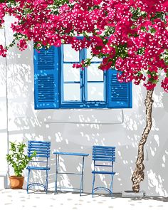 a painting of two blue chairs and a tree with pink flowers in front of a window