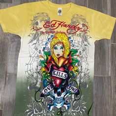 New Without Tags Ed Hardy Men Rhinestone Shirt. Yellow Cotton Shirt With Sublimation Print, Ed Hardy Shirt, 2000s Men, Hardy Shirts, Love Kills Slowly, Love Kills, Yellow Love, 2000s Clothing, Rhinestone Shirt