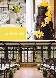 a collage of photos with yellow flowers on the top, and an image of a wedding cake