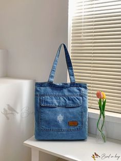 Bird in Bag - Denim Shop Decorative Patch Trendy Denim Blue Cotton Shoulder Bag, Large Capacity Denim Shoulder Bag In Blue, Denim Blue Shoulder Bag With Large Capacity, Daily Denim Blue Shoulder Bag, Trendy Denim Blue Shoulder Bag, Denim Blue Large Capacity Cotton Shoulder Bag, Blue Denim Shoulder Bag For Daily Use, Casual Denim Blue Tote Shoulder Bag, Casual Denim Shoulder Bag For Daily Use