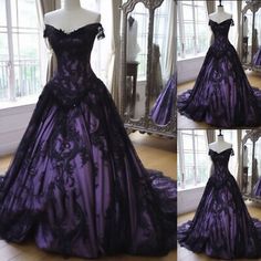 Gothic Black Purple Wedding Dresses Off the Shoulder Lace Appliques Bridal Gowns  | eBay Black Purple Wedding, Purple Wedding Dresses, Purple Black Wedding, Dark Purple Wedding, Goth Wedding Dresses, Wedding Dresses Off The Shoulder, Purple Ball Gown, Purple And Black Dress, Black Wedding Gowns