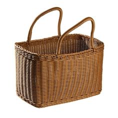 two brown wicker baskets sitting on top of each other in front of a white background