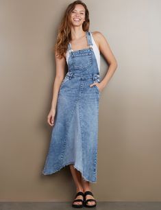 Women's Fashion Brand Light Wash Denim Overall Dress Stretch Denim Jumpsuit In Denim Blue, Stretch Denim Blue Denim Jumpsuit, Mid-rise Medium Wash Denim Jumpsuit, Stretch Denim Blue Denim Dress, Stretch Denim Blue Jumpsuit, Stretch Denim Dress In Denim Blue, Medium Wash Full-length Denim Jumpsuit For Spring, Medium Wash Full Length Denim Jumpsuit For Spring, Relaxed Fit Denim Dress With Frayed Hem