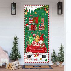 a christmas door cover with an image of santa driving a red truck and presents on it