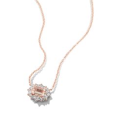 This gorgeous pendant features a natural peach morganite gemstone at its center. A halo of round and marquise natural diamond accents creates a floral look  while 14-karat rose gold perfectly complements the morganite gemstone. A matching rolo chain with a lobster clasp keeps this necklace secure. Luxury Pink Gold Morganite Jewelry, Luxury 14k Rose Gold Jewelry With Halo Setting, Gold Morganite Jewelry With Diamond Accents, Gold Morganite Jewelry With Halo Setting, Elegant Rose Gold Morganite Jewelry, Rose Gold Diamond Jewelry With Halo Design, Elegant Pink Gold Morganite Jewelry, Luxury Rose Gold Halo Setting Jewelry, Rose Gold Diamond Jewelry With Marquise Shape