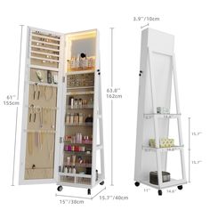 the large white cabinet is open and has shelves with items on it, along with other accessories