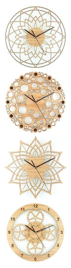 three wooden clocks with different designs on them