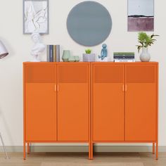 an orange cabinet in the corner of a room