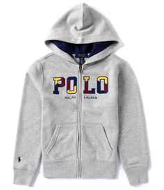 From Polo Ralph Lauren&#x2C; this jacket features:Jersey-lined hoodLong sleeves with ribbed cuffsSignature embroidered pony above the right cuffZip-front closureCorduroy appliqués spelling out “Polo” and “Ralph Lauren” embroidery at the center frontSplit kangaroo pocketRibbed hemShell of cotton/polyesterRibbed trim and hood lining of cottonMachine wash/tumble dryImported. Ralph Lauren Hoodie, Ralph Lauren Boys, Polo Bear, Ralph Lauren Purple Label, Jumper Shirt, Boys Hoodies, Formal Shirts, Full Zip Hoodie, Grey Hoodie