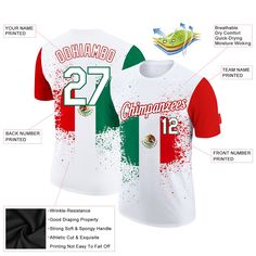 Custom White Kelly Green-Red 3D Mexican Flag Performance T-Shirt Jersey Sublimation Design For Sports Events, Team-colored T-shirt With Sublimation Print For Fans, Customizable White Sporty Sublimation Design, White Sublimation Design With Team Name For Fan Gear, Customizable White Jersey T-shirt, Sublimation Print Short Sleeve For Sports Events, Short Sleeve Sublimation Design For Sports Events, Customizable White T-shirt For Team Events, Customizable White Sporty T-shirt