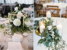 the table is set with candles, flowers and place cards for guests to sit at