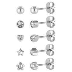 PRICES MAY VARY. TITANIUM STUD EARRINGS for SENSITIVE EARS- Our stud earrings are made of G23 pure titanium. They are hypoallergenic and nickel free for sensitive ears STUD EARRINGS SET - You can get 5 different shapes stud earrings from one order, they are in shapes of heart star round ball and flower to match your daily dressing SIZE- The head of the stud is 4mm. 10mm titanium post lenght with 18g (0.8mm) thickness which comfortable to wear for most ears CUBIC ZIRCONIA STUD EARRINGS- Heart sta Ear Piercing Studs, Piercing Stud, Earrings For Sensitive Ears, Titanium Earrings, Earrings Heart, Belly Piercing, Plastic Jewelry, Flower Stud, Cz Stud Earrings