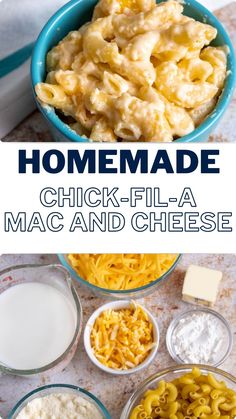 macaroni and cheese in bowls with the words homemade chicken - fila mac and cheese