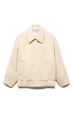 A soft, fuzzy texture intensifies the vintage attitude of a tried-and-true bomber jacket in a slightly oversized fit. Front zip closure Point collar Front welt pockets Elastic waist Partially lined 100% polyester Dry clean or machine wash, line dry Imported Oversized Beige Comfortable Outerwear, Cream Outerwear With Ribbed Collar For Fall, Fuzzy Texture, Pastel Yellow, Welt Pockets, The Vintage, Welt Pocket, Elastic Waist, Bomber Jacket