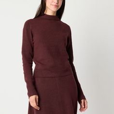 Perfect for layering or wearing on its own, this Worthington women's pullover sweater is a cool-weather must-have thanks to its rich burgundy color and stylish mock neck. It's crafted from knit fabric and offers a modern-fit with long fitted sleeves. Closure Type: Pullover HeadFit: Modern FitNeckline: Mock NeckSleeve Length: Long SleeveSleeve Style: Fitted SleeveApparel Length: 24 InchesFiber Content: 93% Polyester, 4% Nylon, 3% SpandexFabric Description: KnitCare: Tumble Dry, Machine WashCountr Versatile Ribbed Cuffs Sweater For Fall, Versatile Ribbed Cuff Sweater For Fall, Versatile Sweater With Ribbed Cuffs For Fall, Cozy Fit Sweater For Layering, Versatile Fall Tops With Ribbed Cuffs, Cozy Fit Top For Fall Layering, Comfortable Fit Tops For Layering In Fall, Versatile Cozy Fit Winter Tops, Versatile Cozy Winter Tops