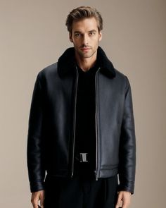 Men’s Leather Jackets, Aviator Jacket Men, Clean Outfits, Leather Fur Jacket, Black Jacket Outfit, Black Fur Jacket, Leather Jacket With Fur, Racer Leather Jacket, Mens Leather Jacket