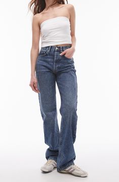 These nonstretch jeans give laid-back 2000s vibes with a mid-rise waist, roomy straight legs and a versatile medium wash. 17" leg opening; 12 1/4" front rise; 17" back rise (size 32x30) Zip fly with button closure Five-pocket style 100% cotton Machine wash, tumble dry Imported Relaxed Straight Leg Jeans, Mid Waist Jeans, Maxi Dress Trend, Swimwear Sale, Hoodies For Sale, Petite Maternity, Plus Size Pregnancy, Skirted Swimwear, Jeans For Sale