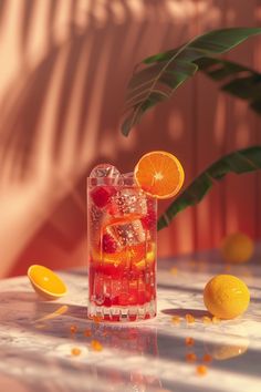 an orange slice is placed on top of a glass with ice and lemons around it