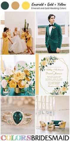 the wedding color scheme for emerald and gold is shown in green, yellow, and white