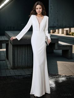 Lasaky - White Fish Tail Evening Dress for Hosting and Formal Occasions White Long Sleeve Prom Evening Dress, White V-neck Maxi Dress For Banquet, White Long Sleeve Maxi Dress For Banquet, White Long Sleeve Maxi Dress For Prom, White Long Sleeve Evening Dress For Cocktail, Tail Wedding Dress, White Evening Gown, Dinner Gown, White Evening Gowns