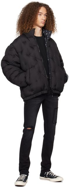 Insulated quilted polyester taffeta puffer jacket. Logo embroidered throughout. Reverse in black polyester taffeta. Logo graphic pattern printed throughout. · Stand collar · Zip closure · Welt pockets · Bungee-style drawstring at elasticized hem · Logo patch at elasticized cuffs · Welt pockets at interior Supplier color: Black Black Quilted Down Outerwear, Quilted Black Down Outerwear, Streetwear Nylon Quilted Puffer Jacket, Streetwear Quilted Nylon Puffer Jacket, Oversized Nylon Puffer Jacket For Streetwear, Quilted Nylon Puffer Jacket For Streetwear, Streetwear Quilted Nylon Jacket With Padded Collar, Streetwear Quilted Down Puffer Jacket, Trendy Quilted Puffer Jacket For Streetwear