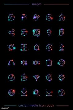 neon colored icons on a black background