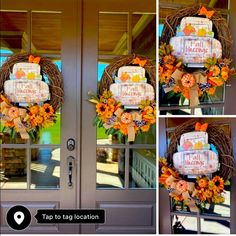 the front door is decorated with an autumn wreath and welcome sign to fall messages on it