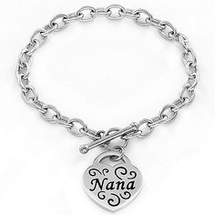 A lovely gift idea for the person who’s always been there for you. Designed with high polish oxidized stainless steel  this beautiful bracelet features an engraved heart shaped charm with your choice of “Mom”  “Nana”  “Grandma”  “Sister” or “Daughter.” This statement piece secures with a trendy toggle clasp. Show her how much you care with this gorgeous accessory! Mother's Day Engraved Stainless Steel Name Bracelet, Personalized Stainless Steel Heart Bracelet For Mother's Day, Heart-shaped Engraved Name Bracelet For Mother's Day, Engraved Heart Name Bracelet For Mother's Day, Mother's Day Engraved Heart Name Bracelet, Engraved Heart-shaped Name Bracelet For Mother's Day, Personalized Stainless Steel Heart Bracelet As Gift, Personalized Heart Charm Bracelet For Mom, Personalized Heart Bracelet In Stainless Steel