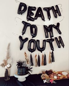 Rip To My 20s Party Backdrop, 30th Birthday Ideas For Women Pregnant, Rip To Your 30s Party, Black Out 30th Birthday, October 30th Birthday Party, Scary 30th Birthday Party, 30th Black Birthday Ideas For Women, Black Themed 30th Birthday, Spooky 25th Birthday