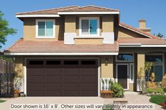 a brown garage door in front of a house