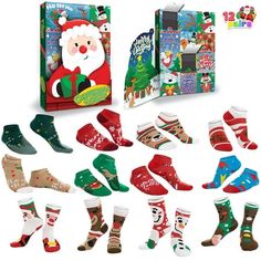 christmas socks are shown in front of a box with santa's stockings on it