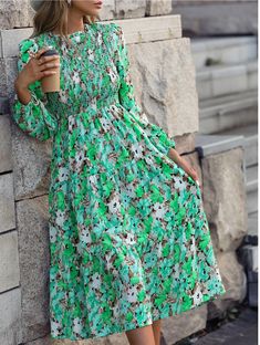 Slim Printed Smocking Long Sleeve Dress - Blue,S Casual Long Sleeve Ruffled Dress For Spring, Casual Long Sleeve Ruffled Dress For Summer, Casual Long Sleeve Summer Dress With Ruffles, Casual Long Sleeve Dress With Ruffles For Summer, Green Ruched Maxi Dress For Fall, Long Sleeve Maxi Dress With Smocked Cuffs For Vacation, Green Long Sleeve Dress With Smocked Cuffs, Long Sleeve Ruched Midi Dress For The Beach, Modest Smocked Midi-length Dress