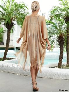 Katykey - Premium Metallic Net Fringed Cover Up: Tassel Semi-sheer Shawl Cardigan Kimono with 3/4 Sleeves - Ideal for Womens Swimwear and Clothing Long Sleeve Fringe Cover-up For Spring, Spring Long Sleeve Fringe Cover-up, Spring Open Front Cover-up With Tassels, Long Sleeve Fringe Summer Cover-up, Harajuku Fashion Kawaii, Shark Plush, Cardigan Kimono, Fringe Kimono, Pastel Outfit