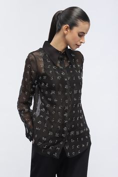 Black button down shirt with myriad script symbol embroidery in zardosi. - Aza Fashions Elegant Black Festive Shirt, Designer Embroidered Black Shirt, Designer Black Embroidered Shirt, Designer Embroidered Collared Tops, Designer Embroidered Tops For Formal Occasions, Designer Long Sleeve Festive Shirt, Designer Black Collared Blouse, Designer Embroidered Workwear Shirt, Designer Embroidered Shirt For Work