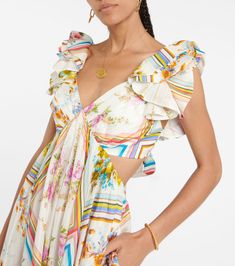 Halcyon Floral Silk Maxi Dress in Multicoloured - Zimmermann | Mytheresa Chic Flutter Sleeve Maxi Dress For Spring, Chic Spring Maxi Dress With Flutter Sleeves, Feminine Summer Maxi Dress With Ruffle Sleeves, Spring Party Maxi Dress With Flutter Sleeves, Summer Party Maxi Dress With Flutter Sleeves, Silk Maxi Floral Dress For Garden Party, Silk Maxi-length Floral Dress For Garden Party, Silk Floral Maxi Dress For Garden Party, Summer Long Floral Dress With Ruffles