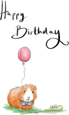 a happy birthday card with a guinea pig holding a balloon