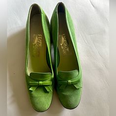 Unworn Round Toe Ferragamo Suede Loafers With Leather Detailing And Bow And Wooden Heel And Accents Green Slip-on Heels For Formal Occasions, Green Leather Sole Loafers For Spring, Green Spring Loafers With Leather Sole, Green Formal Loafers For Spring, Formal Green Loafers For Spring, Spring Green Formal Loafers, Spring Formal Green Loafers, Manly Gifts, Shoes Green