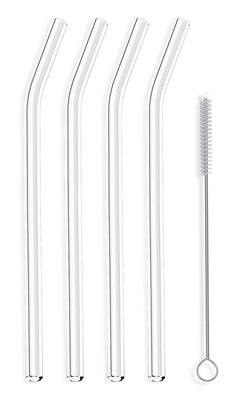 four glass drinking straws and one metal straw with a white handle on a white background