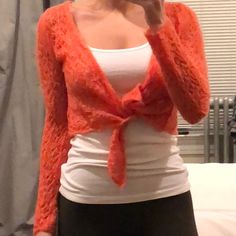 Originally Purchased In Ireland. Size Not Indicated But Looks Like A Small. Ties In The Front. Hand Knitted. Orange Tie Sweater, Fitted Cardigan For Brunch, Fitted Orange Cardigan For Spring, Tie Sweater, Orange Tie, Front Hand, Mohair Wool, Cropped Sweater, Color Orange