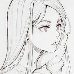 a pencil drawing of a girl with long hair wearing a sweater and holding her hand to her face