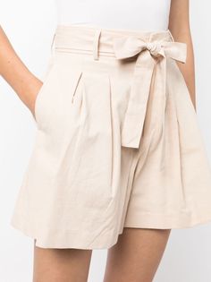 Pleated Waist Shorts For Summer, Chic Beige Bottoms With Pleated Waist, Chic Pleated Cotton Bottoms, Belted Paperbag Waist Shorts, Beige Pleated Waist Bottoms For Spring, Beige Knee-length Bottoms For Day Out, Pleated Short Length Bottoms For Day Out, Chic Paperbag Waist Shorts With Tie, Beige Wide Leg Bottoms With Pleated Waist