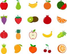 various fruits and vegetables are grouped together on a white background, including oranges, apples, pears, grapes, lemons, and an apple