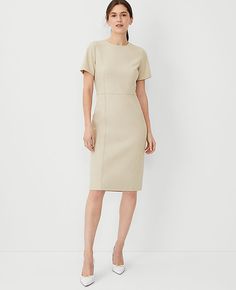 Elevate your wardrobe with the Ann Taylor Short Sleeve Sheath Dress in Bi-Stretch, tailored to flatter with a curvy fit. This sophisticated piece in Toasted Oat is designed to keep you polished and comfortable from morning to evening.

- Size: 16
- Fit: Tailored, curvy fit
- Color: Toasted Oat
- Material: Shell - 66% Polyester, 28% Rayon, 6% Spandex; Lining - 100% Polyester
- Length: 23 1/2" from natural waist, hits at knee
- Features: Crew neck, short sleeves, hidden back zipper with hook-and-e A-line Dress Casual, Work Fits, Simple Sewing, Knitted Suit, Career Dress, Work Clothes, Petite Dresses, Sheath Dress, Effortless Style