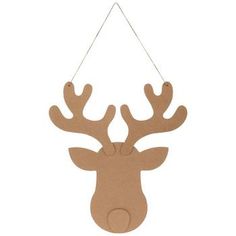 a wooden deer head hanging from a string